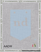 A taped needlepoint canvas with the design: Banner 18 mesh count Pointed nd White on Light Blue.