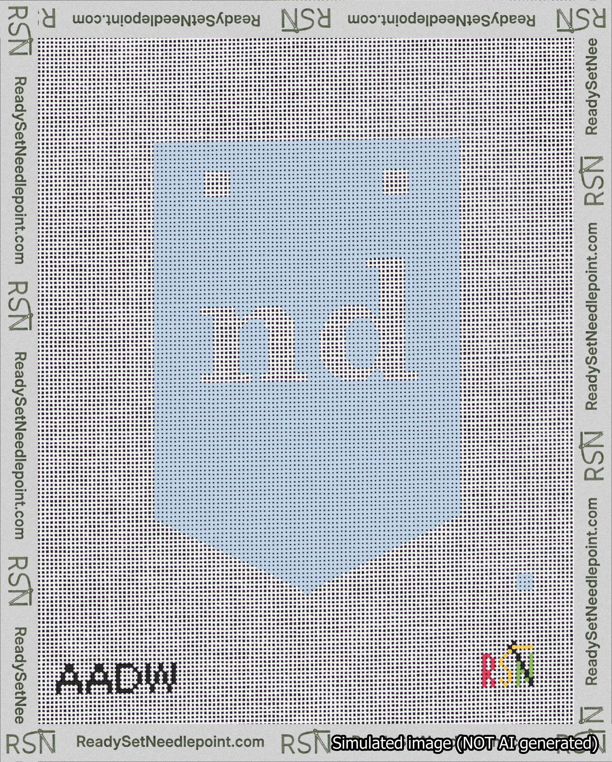 A taped needlepoint canvas with the design: Banner 18 mesh count Pointed nd White on Light Blue.