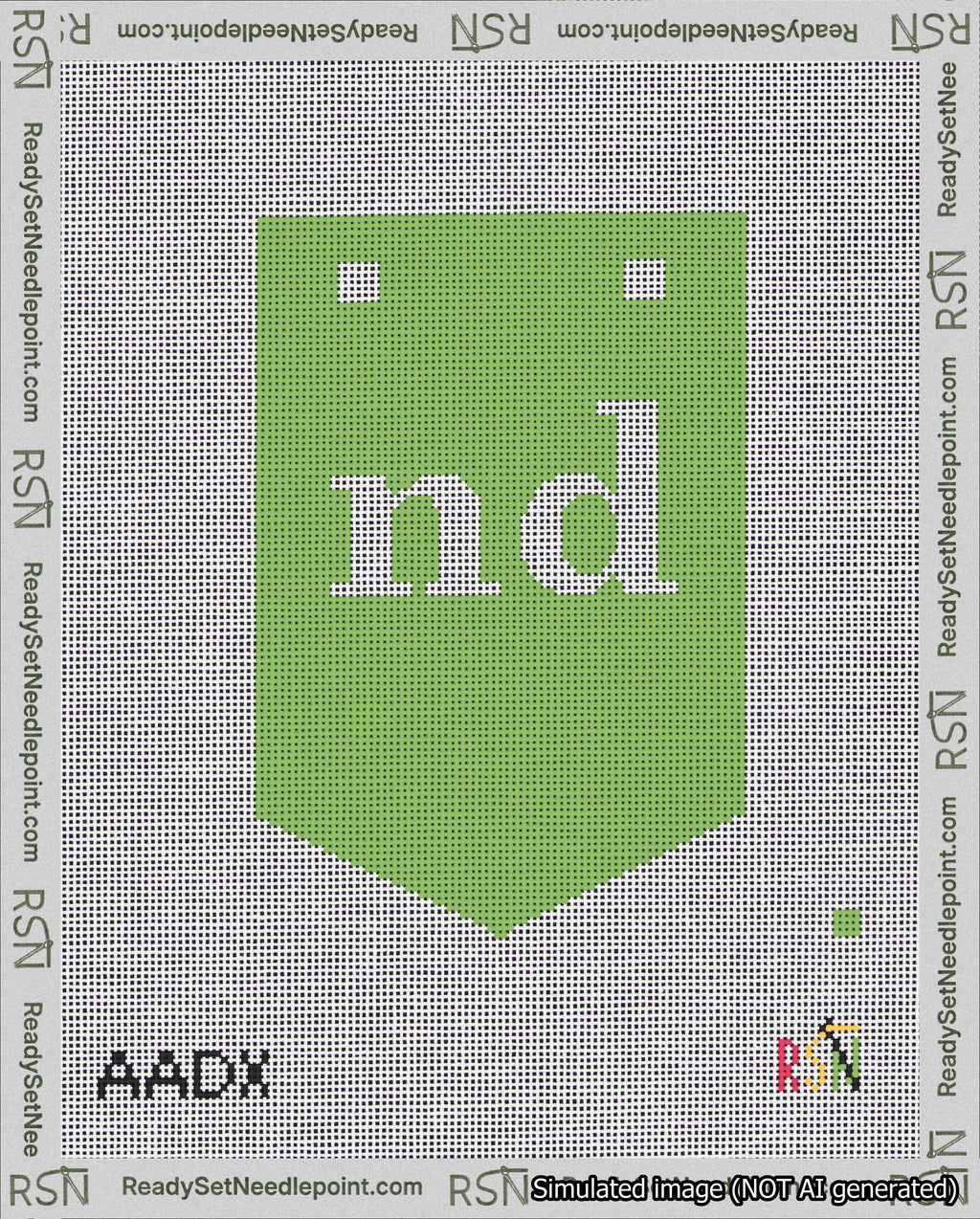 A taped needlepoint canvas with the design: Banner 18 mesh count Pointed nd White on Light Green.