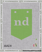 A taped needlepoint canvas with the design: Banner 18 mesh count Pointed nd White on Light Green.