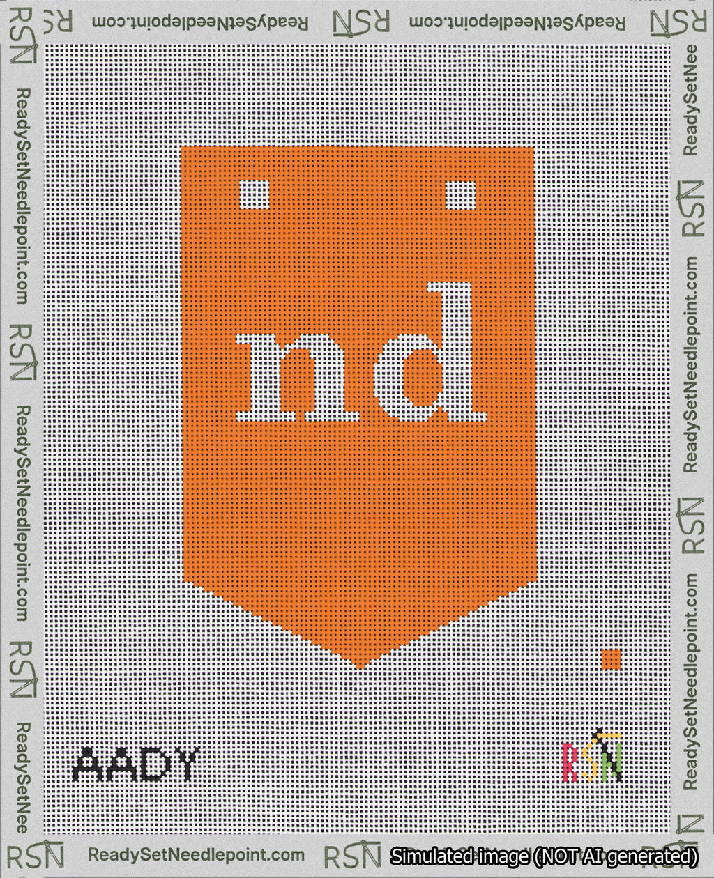 A taped needlepoint canvas with the design: Banner 18 mesh count Pointed nd White on Orange.