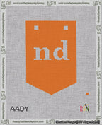 A taped needlepoint canvas with the design: Banner 18 mesh count Pointed nd White on Orange.