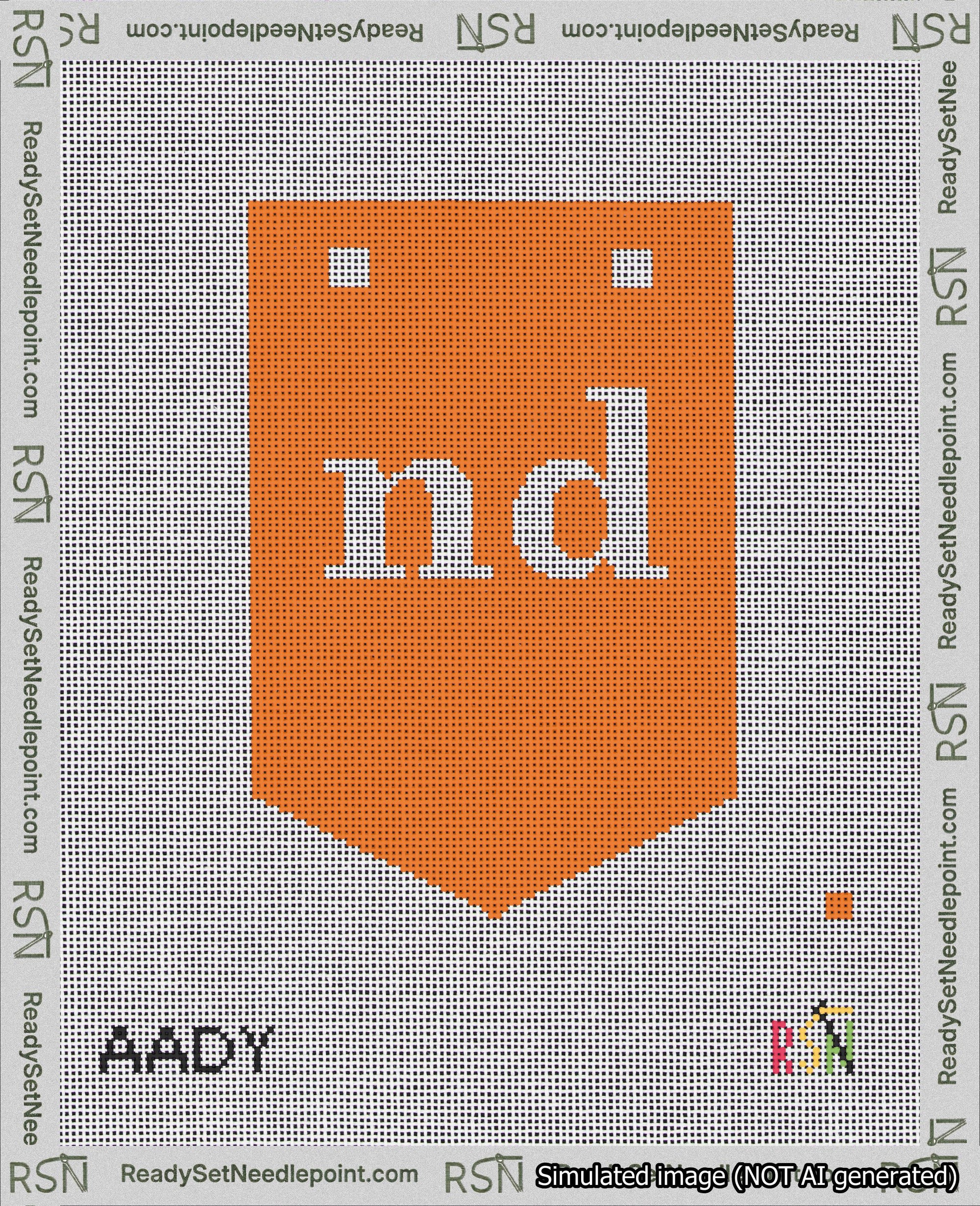 A taped needlepoint canvas with the design: Banner 18 mesh count Pointed nd White on Orange.