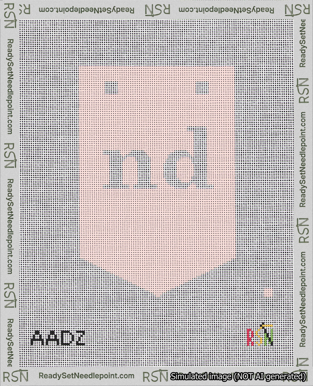 A taped needlepoint canvas with the design: Banner 18 mesh count Pointed nd White on Pink.