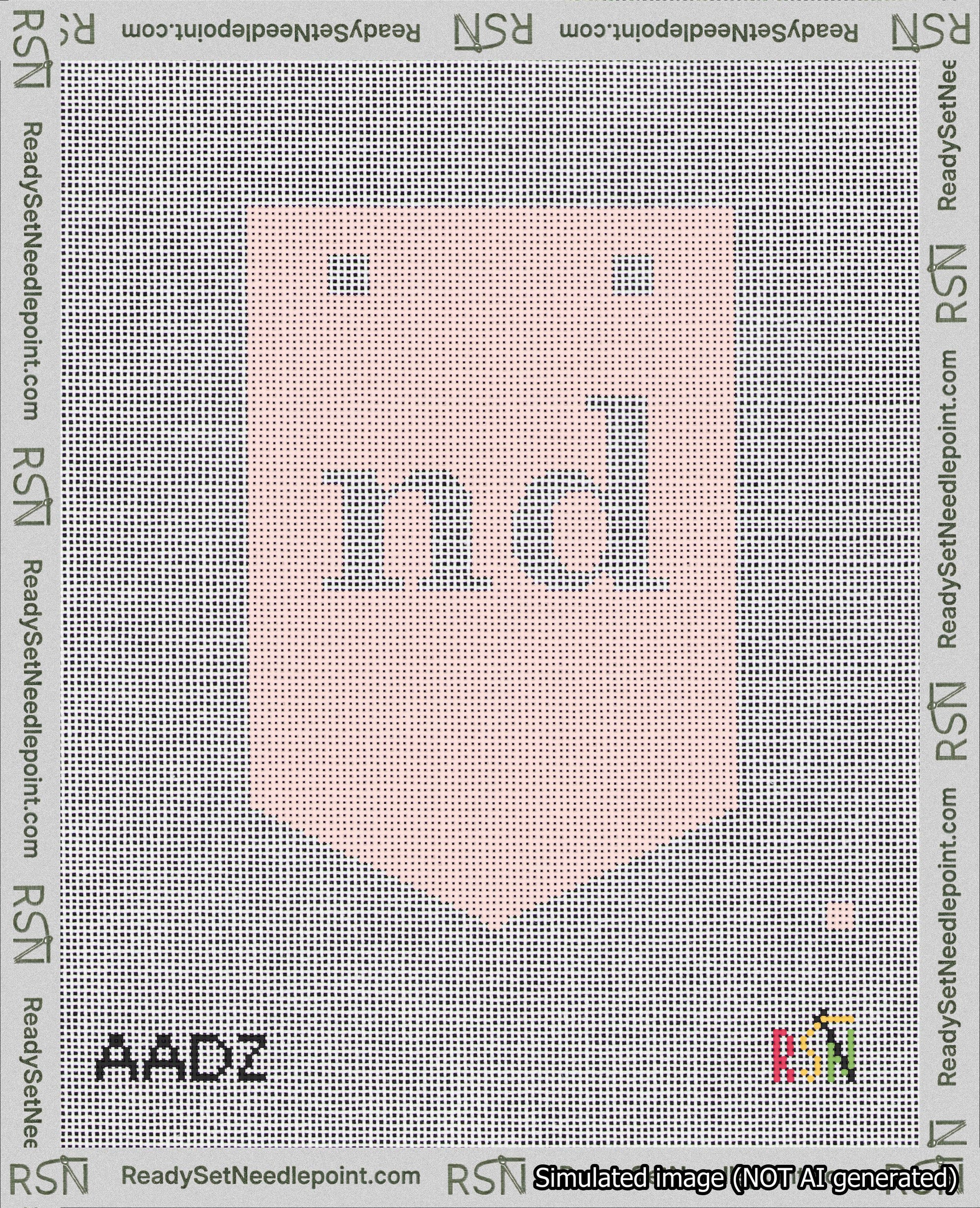A taped needlepoint canvas with the design: Banner 18 mesh count Pointed nd White on Pink.