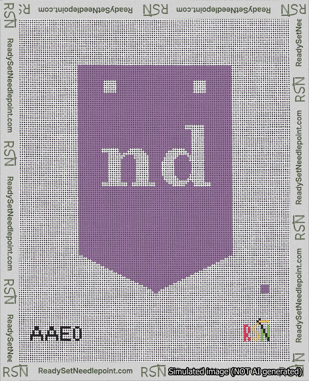A taped needlepoint canvas with the design: Banner 18 mesh count Pointed nd White on Purple.