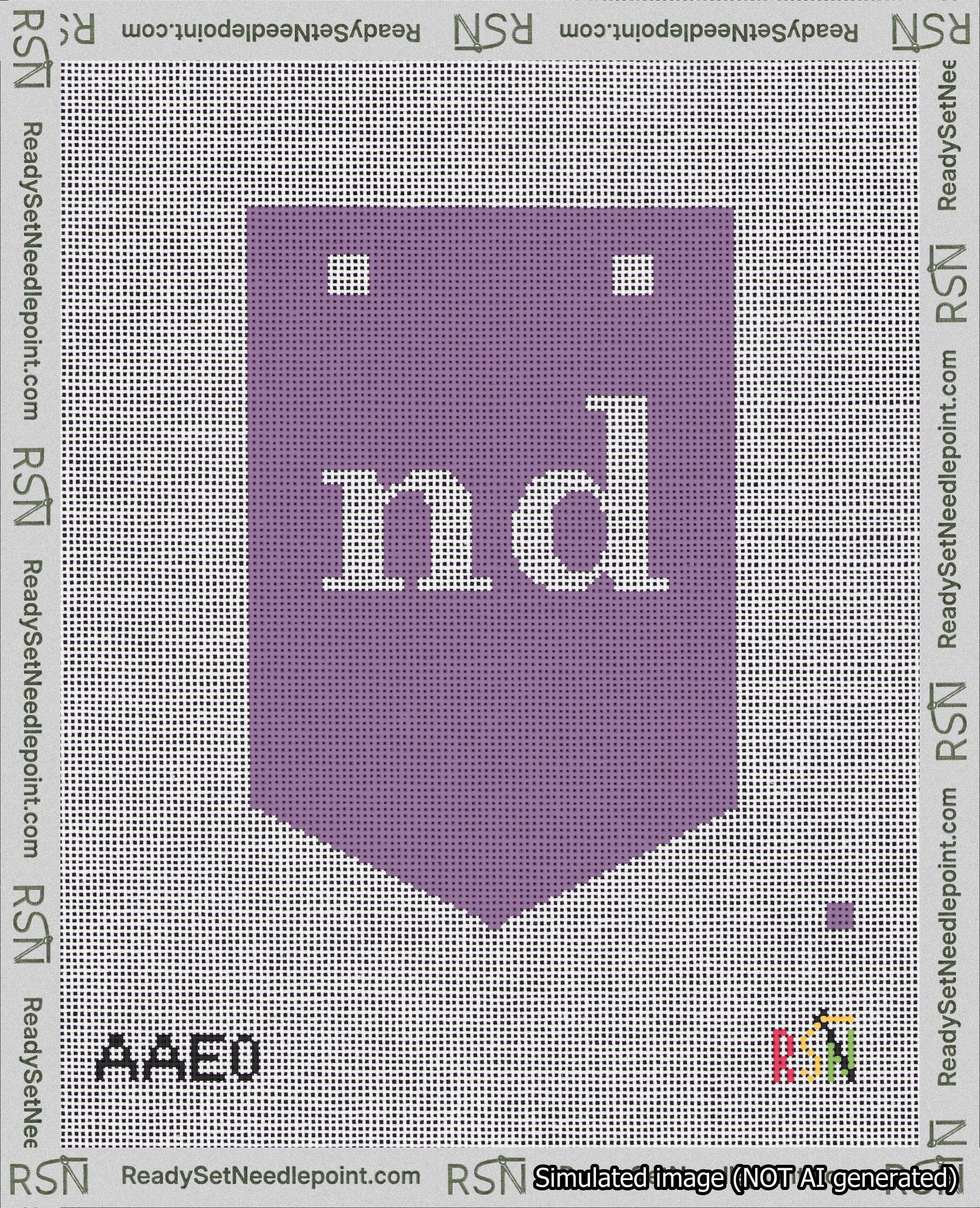 A taped needlepoint canvas with the design: Banner 18 mesh count Pointed nd White on Purple.