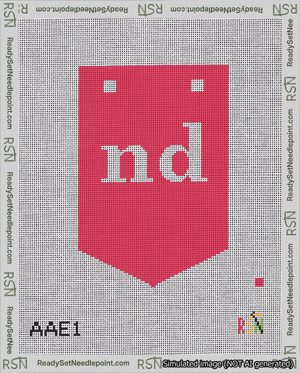 A taped needlepoint canvas with the design: Banner 18 mesh count Pointed nd White on Red.