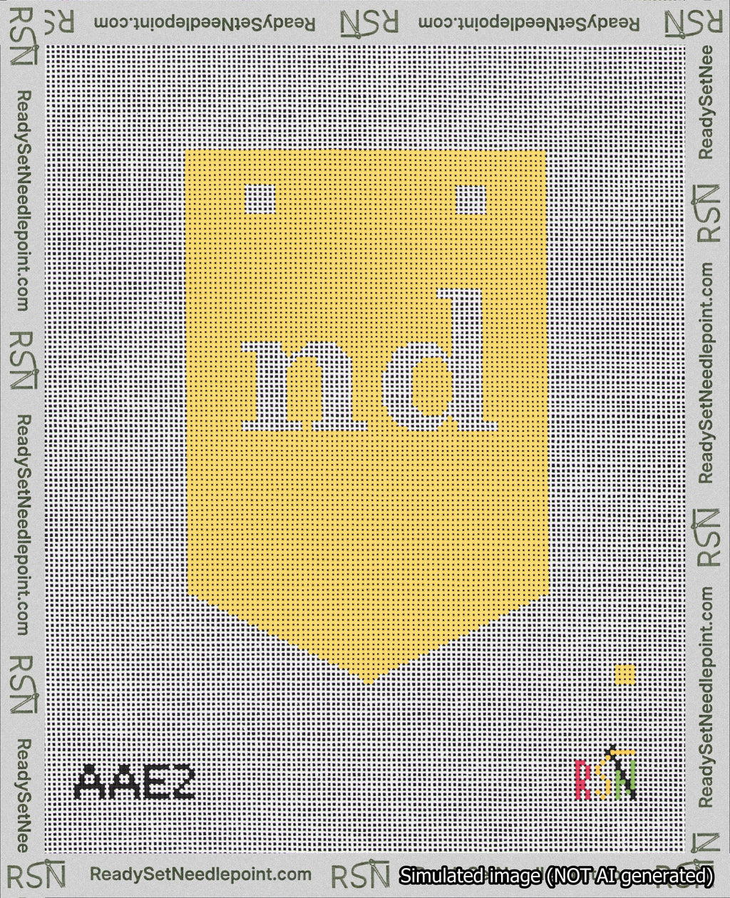 A taped needlepoint canvas with the design: Banner 18 mesh count Pointed nd White on Yellow.