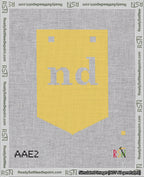A taped needlepoint canvas with the design: Banner 18 mesh count Pointed nd White on Yellow.