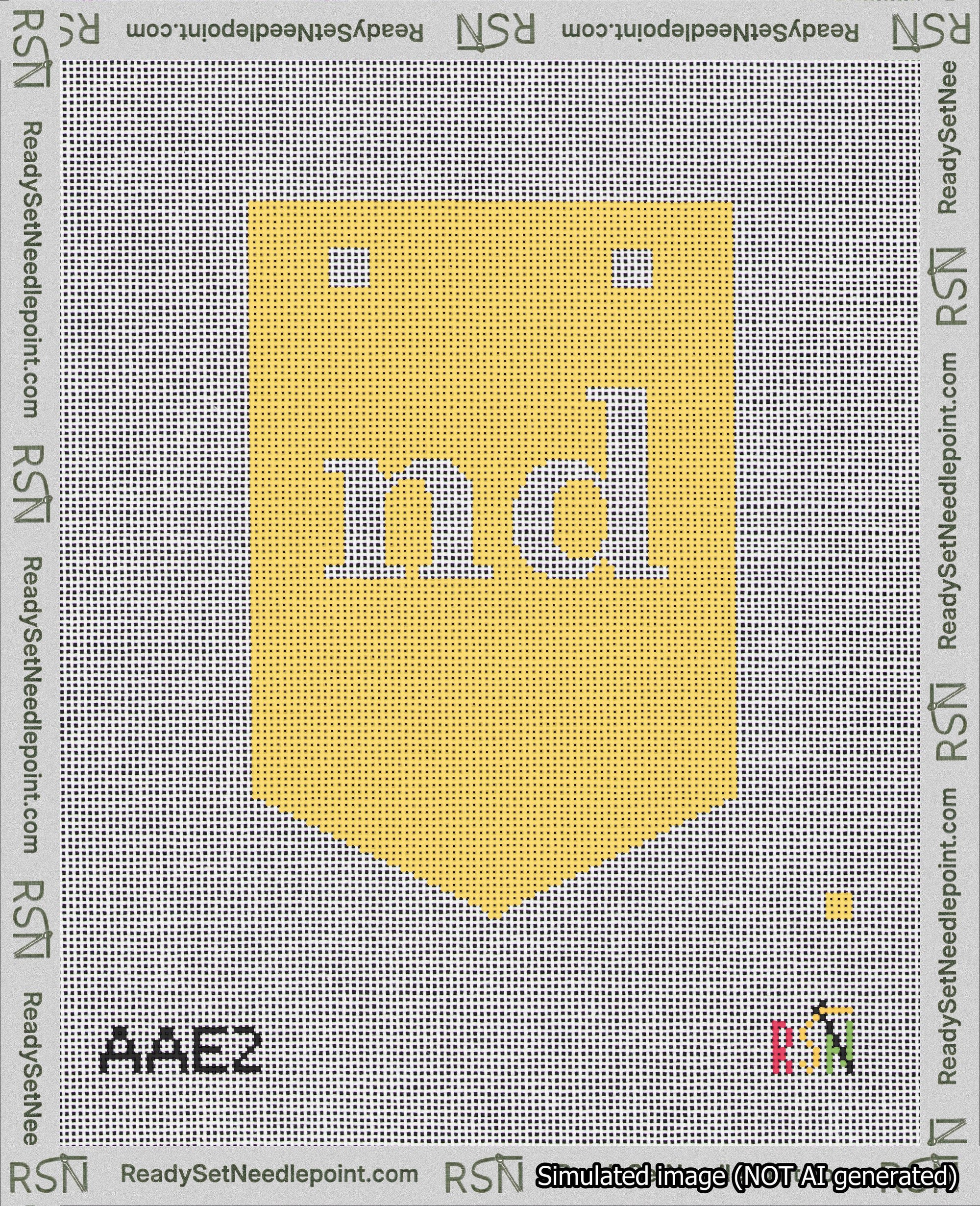A taped needlepoint canvas with the design: Banner 18 mesh count Pointed nd White on Yellow.