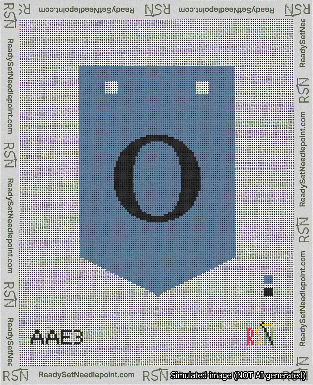 A taped needlepoint canvas with the design: Banner 18 mesh count Pointed O Black on Blue.