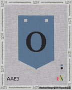 A taped needlepoint canvas with the design: Banner 18 mesh count Pointed O Black on Blue.