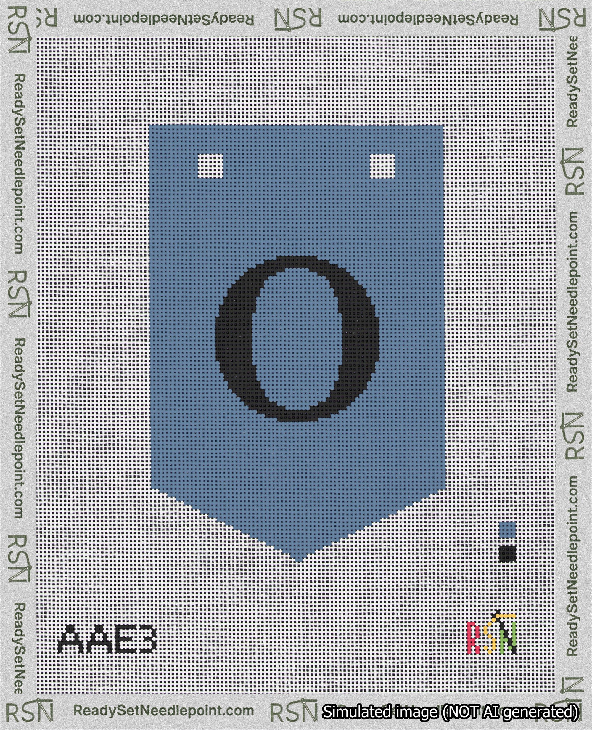 A taped needlepoint canvas with the design: Banner 18 mesh count Pointed O Black on Blue.