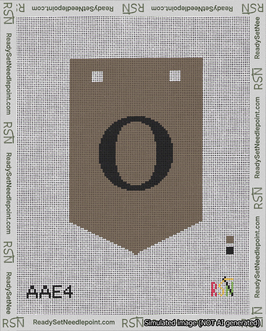 A taped needlepoint canvas with the design: Banner 18 mesh count Pointed O Black on Brown.