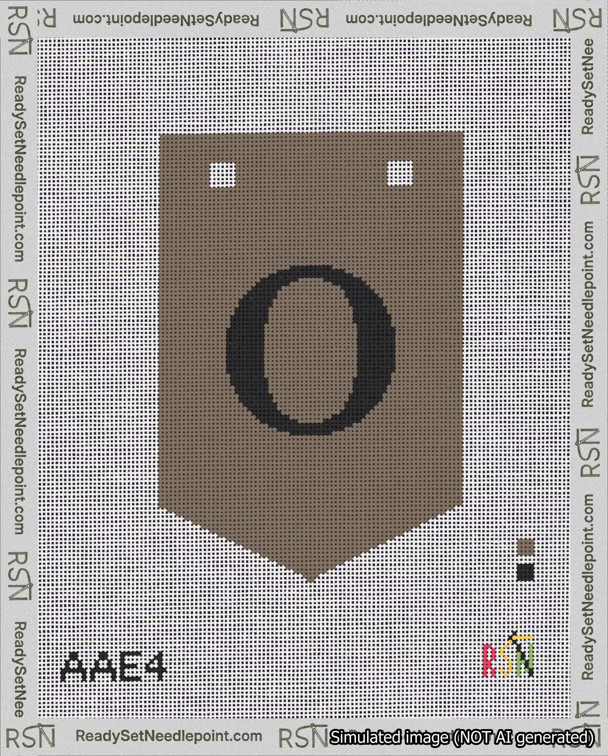A taped needlepoint canvas with the design: Banner 18 mesh count Pointed O Black on Brown.