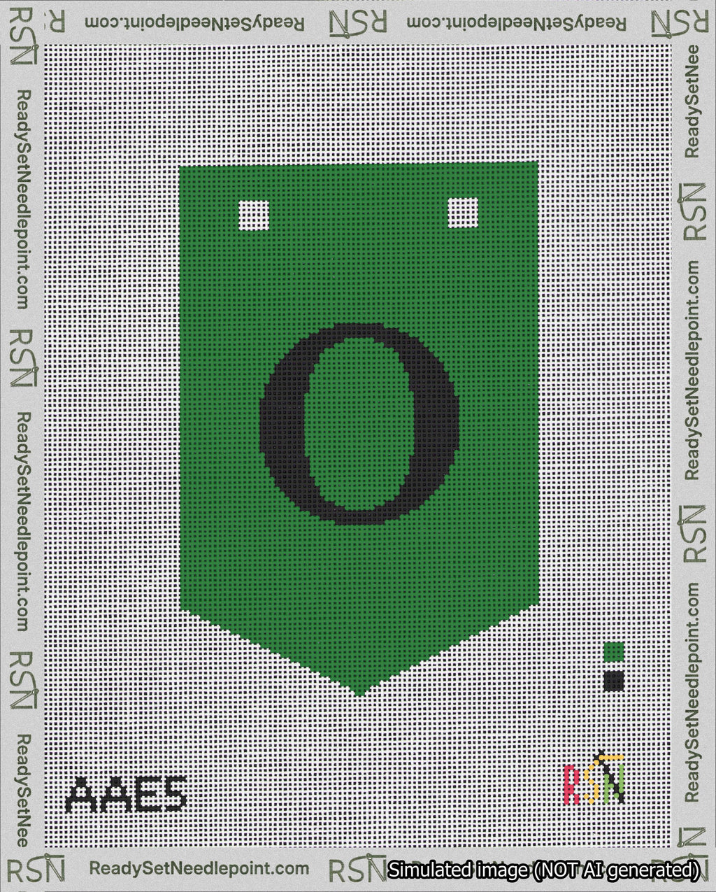 A taped needlepoint canvas with the design: Banner 18 mesh count Pointed O Black on Green.