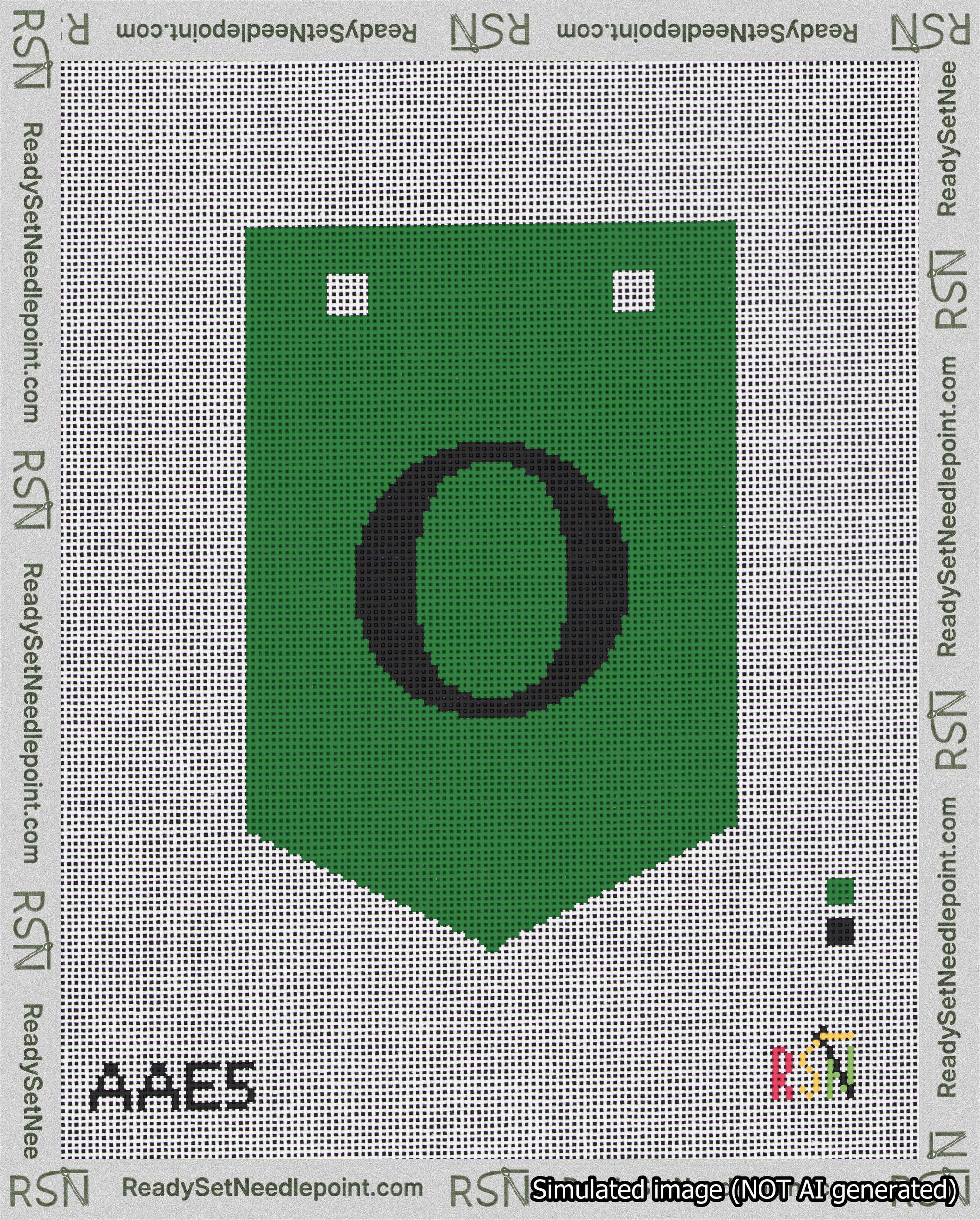 A taped needlepoint canvas with the design: Banner 18 mesh count Pointed O Black on Green.