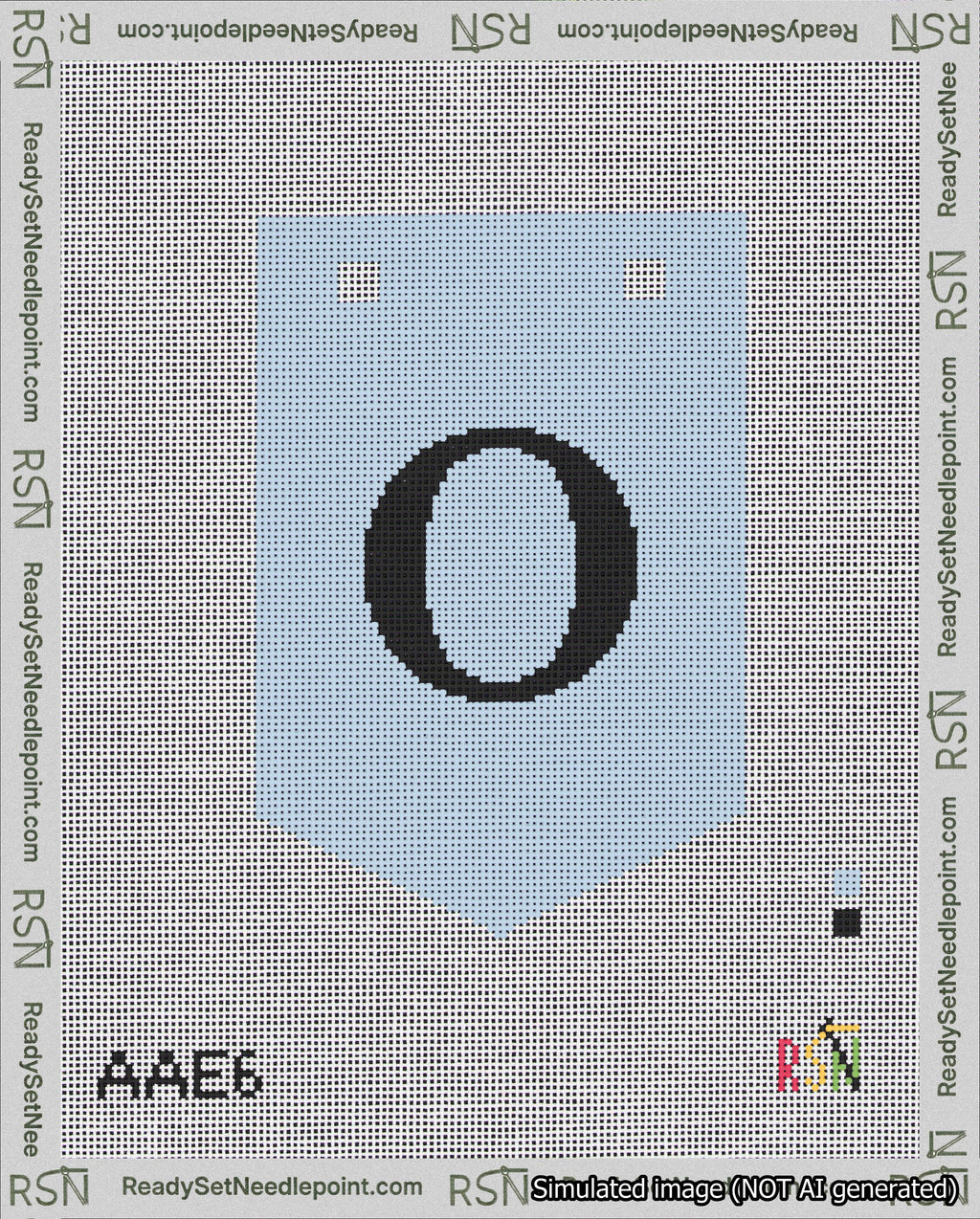A taped needlepoint canvas with the design: Banner 18 mesh count Pointed O Black on Light Blue.