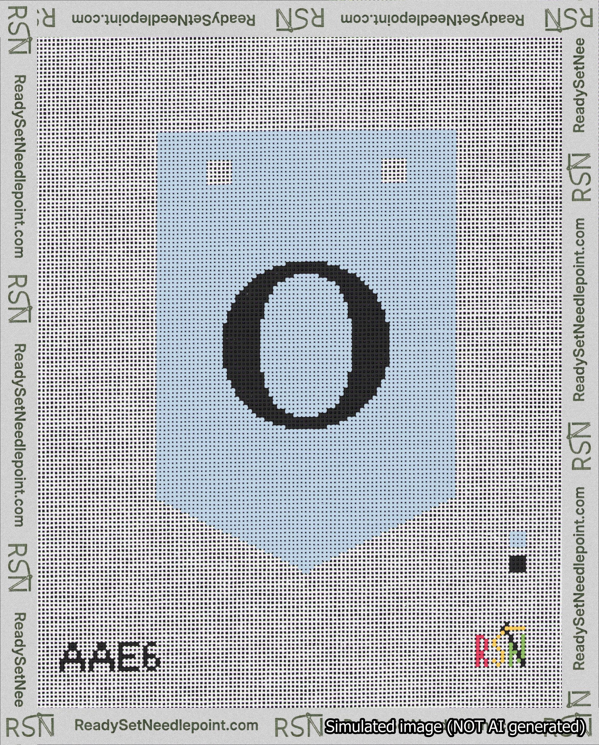 A taped needlepoint canvas with the design: Banner 18 mesh count Pointed O Black on Light Blue.