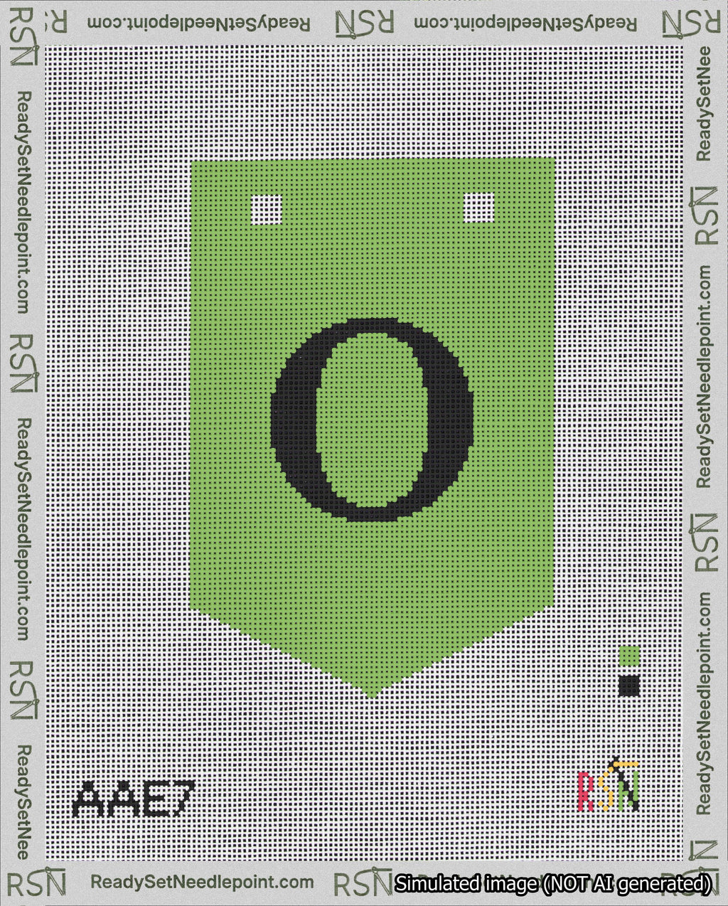 A taped needlepoint canvas with the design: Banner 18 mesh count Pointed O Black on Light Green.