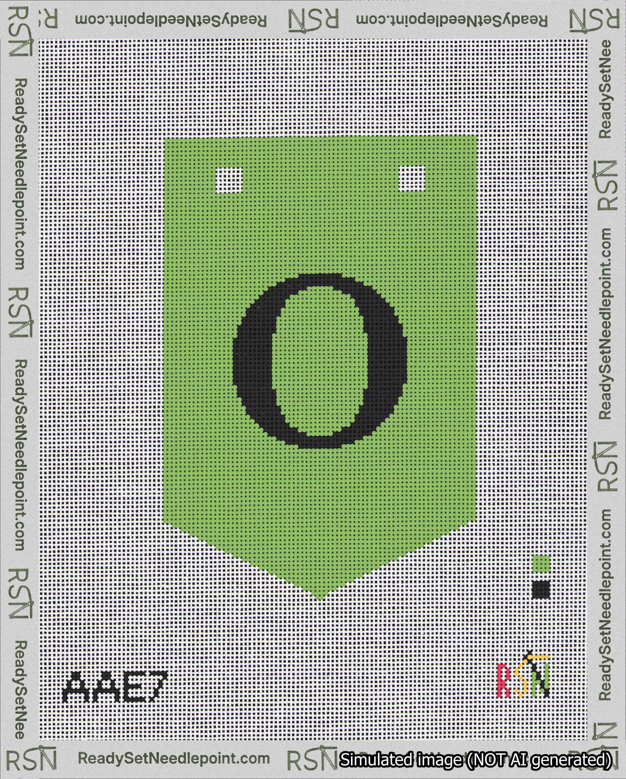 A taped needlepoint canvas with the design: Banner 18 mesh count Pointed O Black on Light Green.