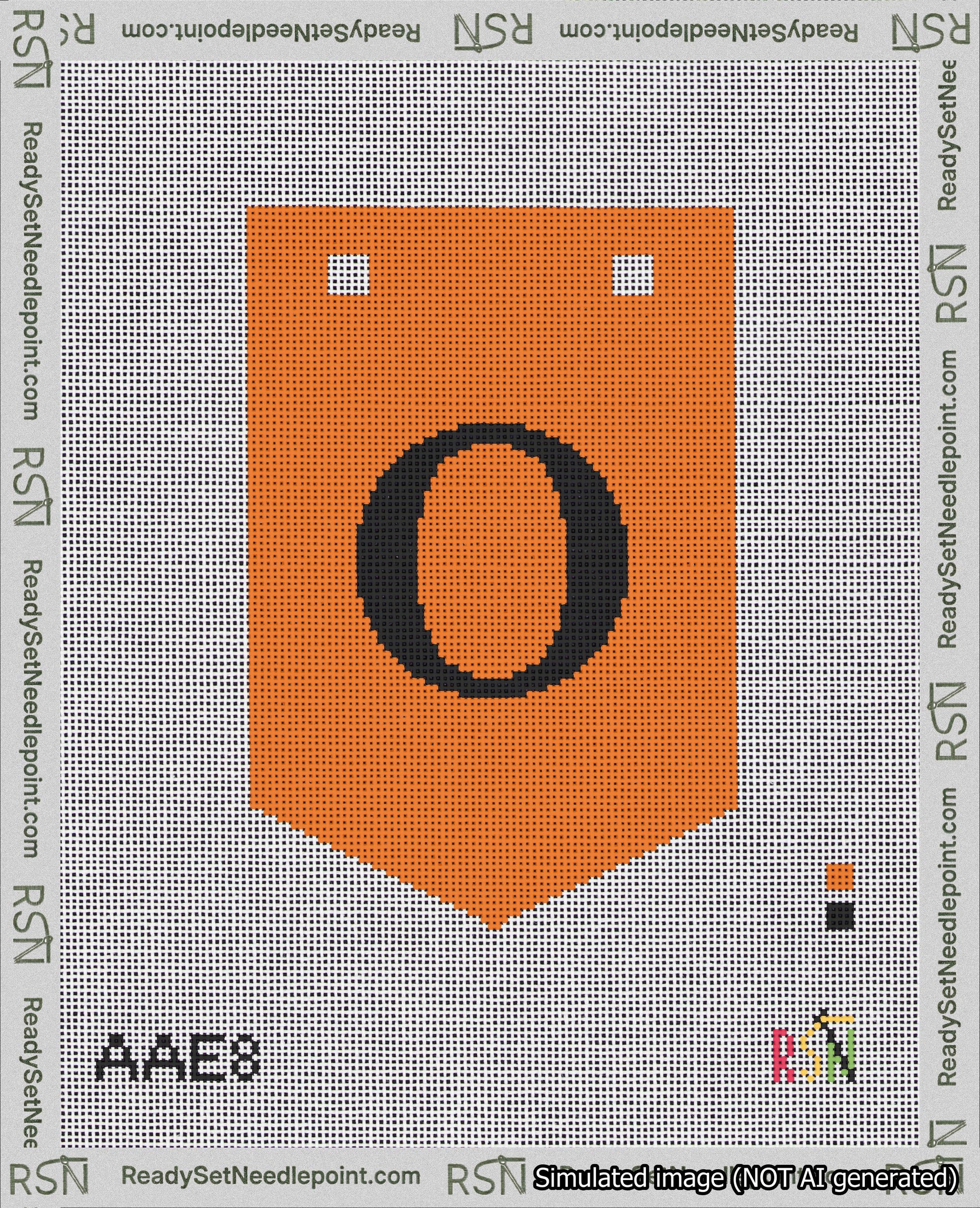 A taped needlepoint canvas with the design: Banner 18 mesh count Pointed O Black on Orange.