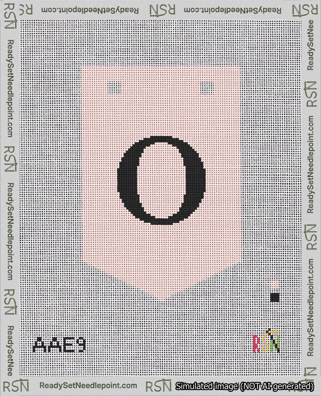 A taped needlepoint canvas with the design: Banner 18 mesh count Pointed O Black on Pink.