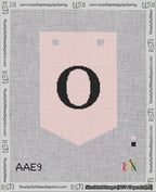 A taped needlepoint canvas with the design: Banner 18 mesh count Pointed O Black on Pink.