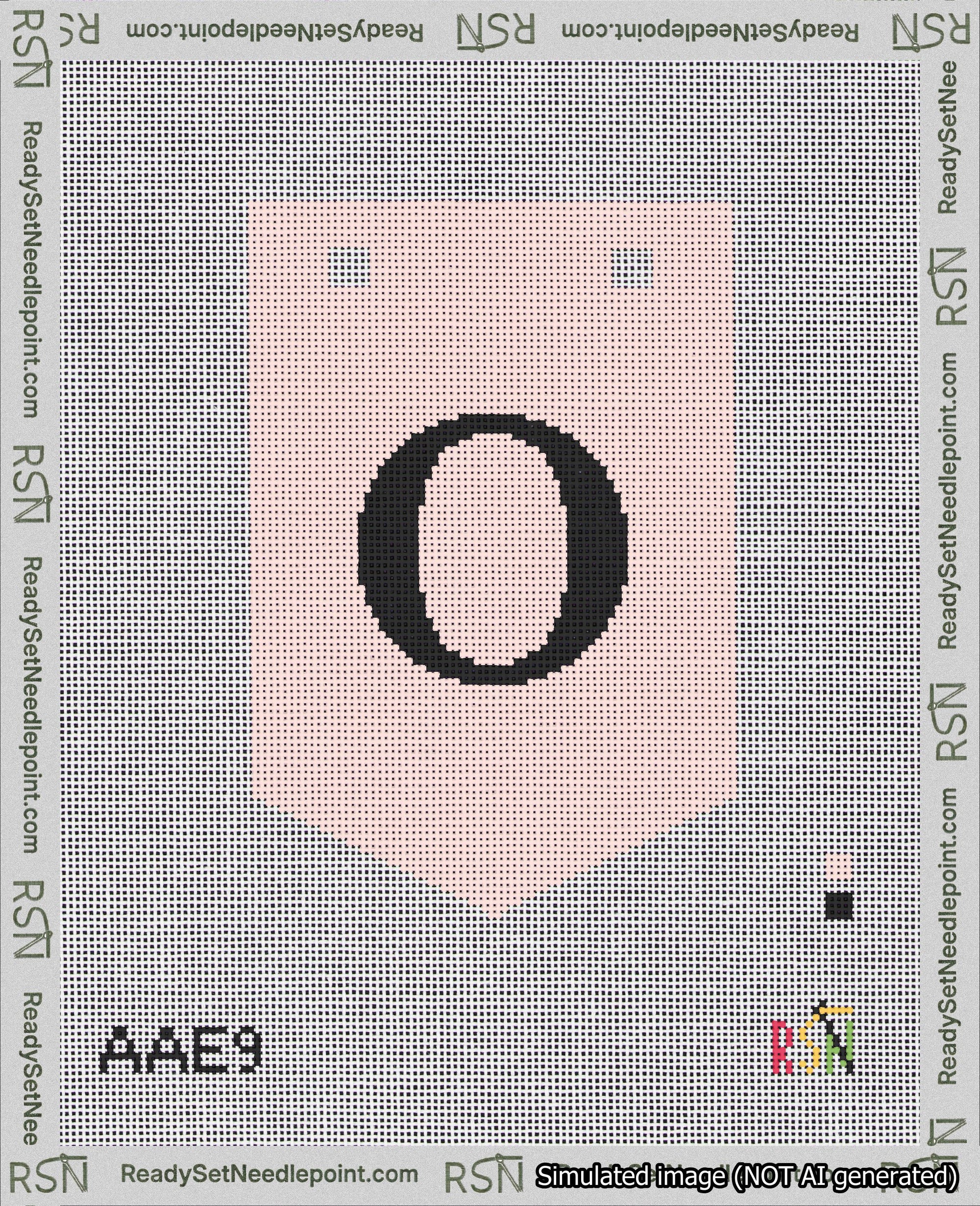 A taped needlepoint canvas with the design: Banner 18 mesh count Pointed O Black on Pink.