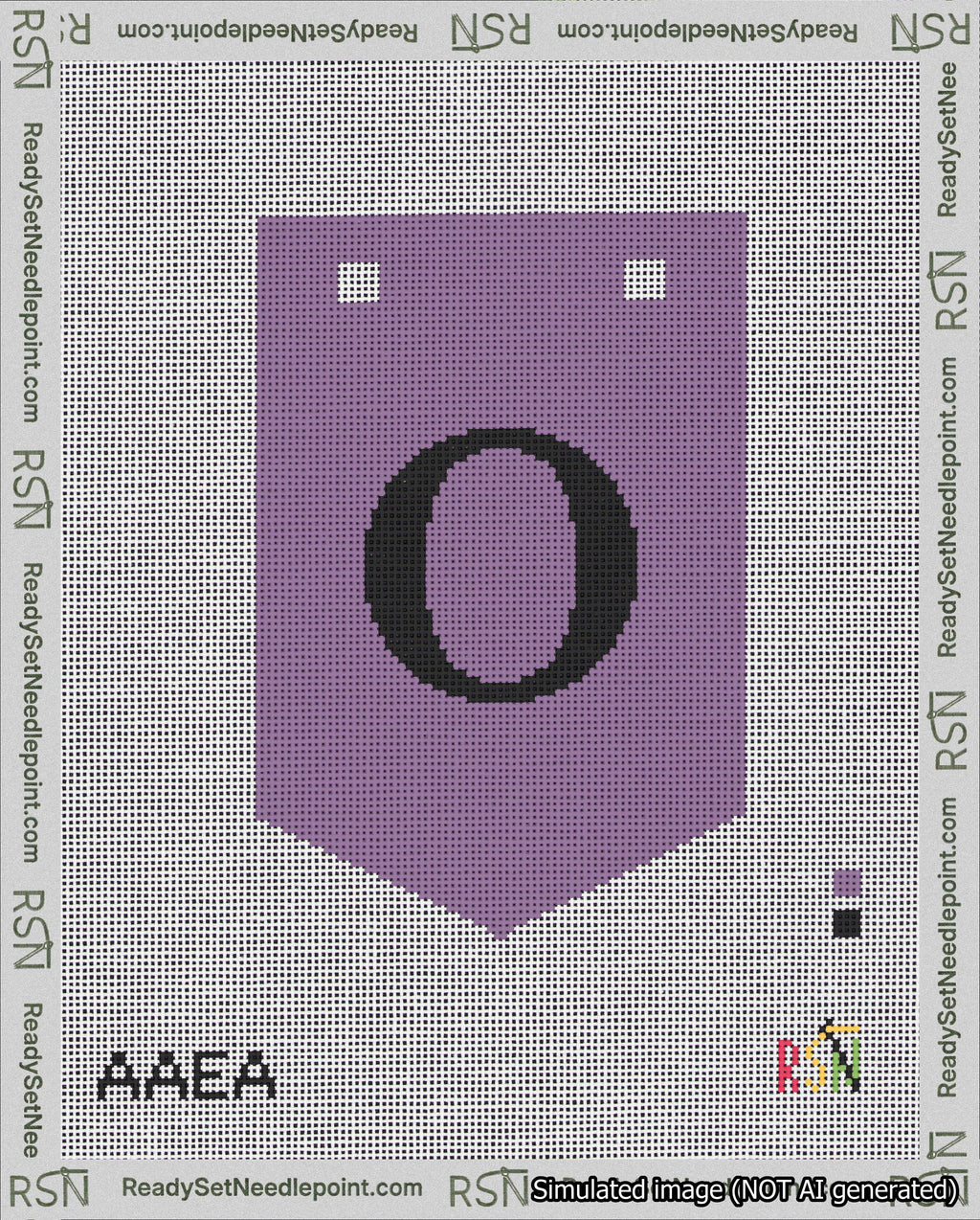A taped needlepoint canvas with the design: Banner 18 mesh count Pointed O Black on Purple.