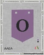 A taped needlepoint canvas with the design: Banner 18 mesh count Pointed O Black on Purple.