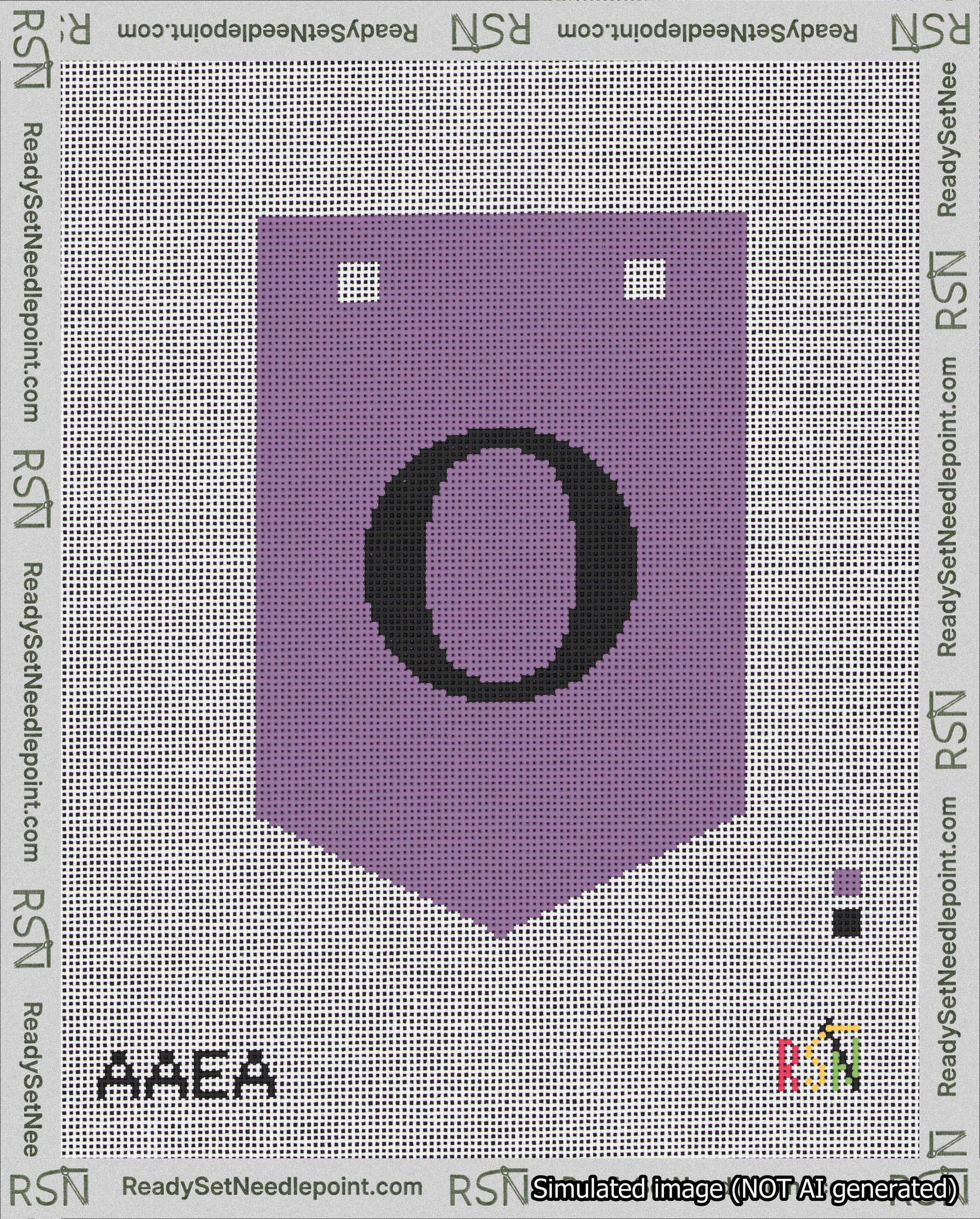 A taped needlepoint canvas with the design: Banner 18 mesh count Pointed O Black on Purple.