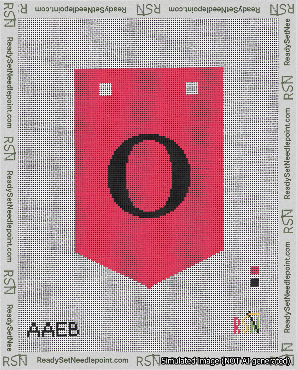 A taped needlepoint canvas with the design: Banner 18 mesh count Pointed O Black on Red.