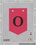 A taped needlepoint canvas with the design: Banner 18 mesh count Pointed O Black on Red.