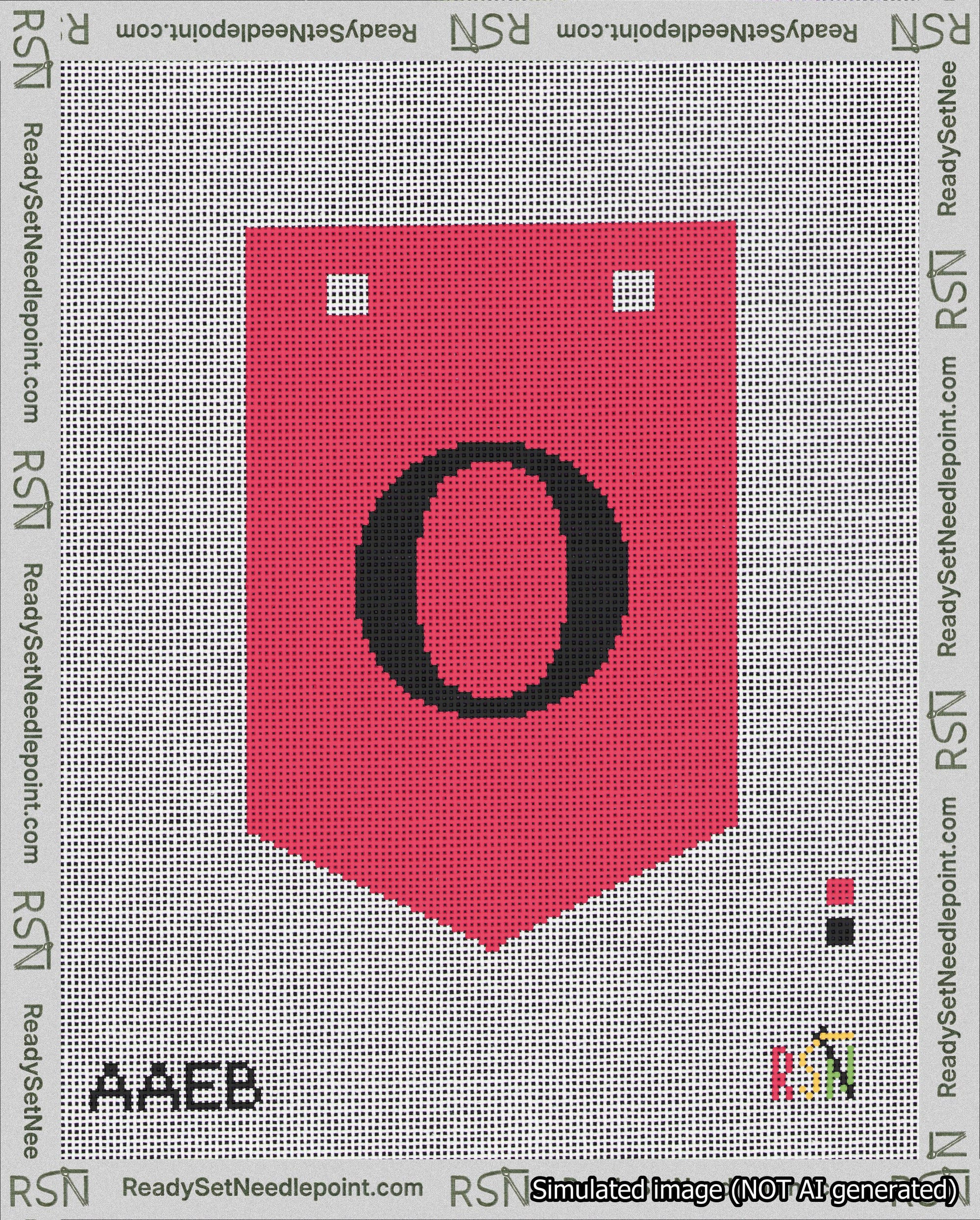 A taped needlepoint canvas with the design: Banner 18 mesh count Pointed O Black on Red.