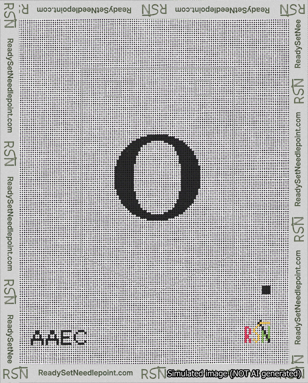 A taped needlepoint canvas with the design: Banner 18 mesh count Pointed O Black on White.