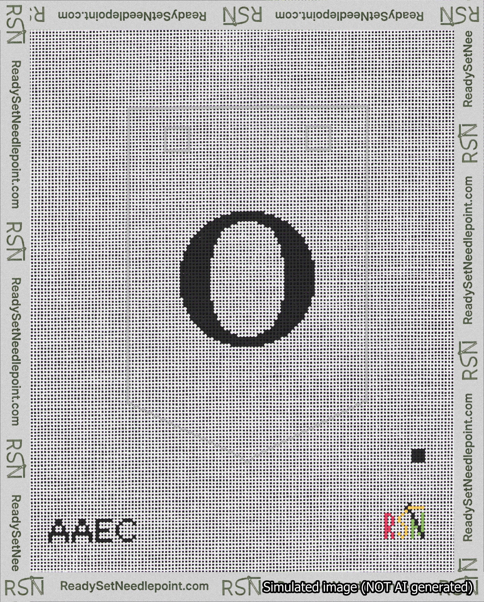 A taped needlepoint canvas with the design: Banner 18 mesh count Pointed O Black on White.