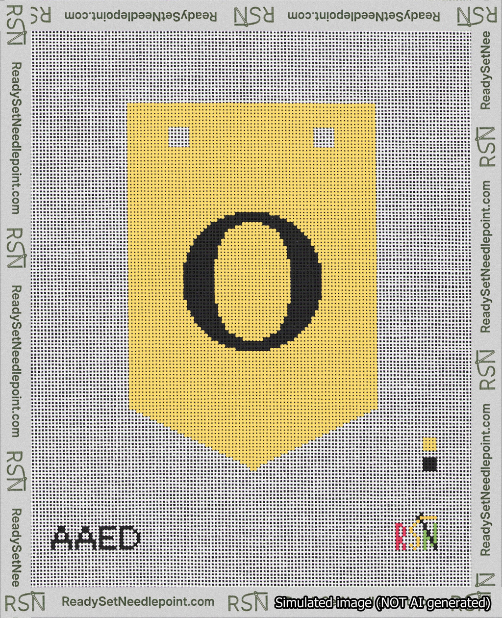 A taped needlepoint canvas with the design: Banner 18 mesh count Pointed O Black on Yellow.