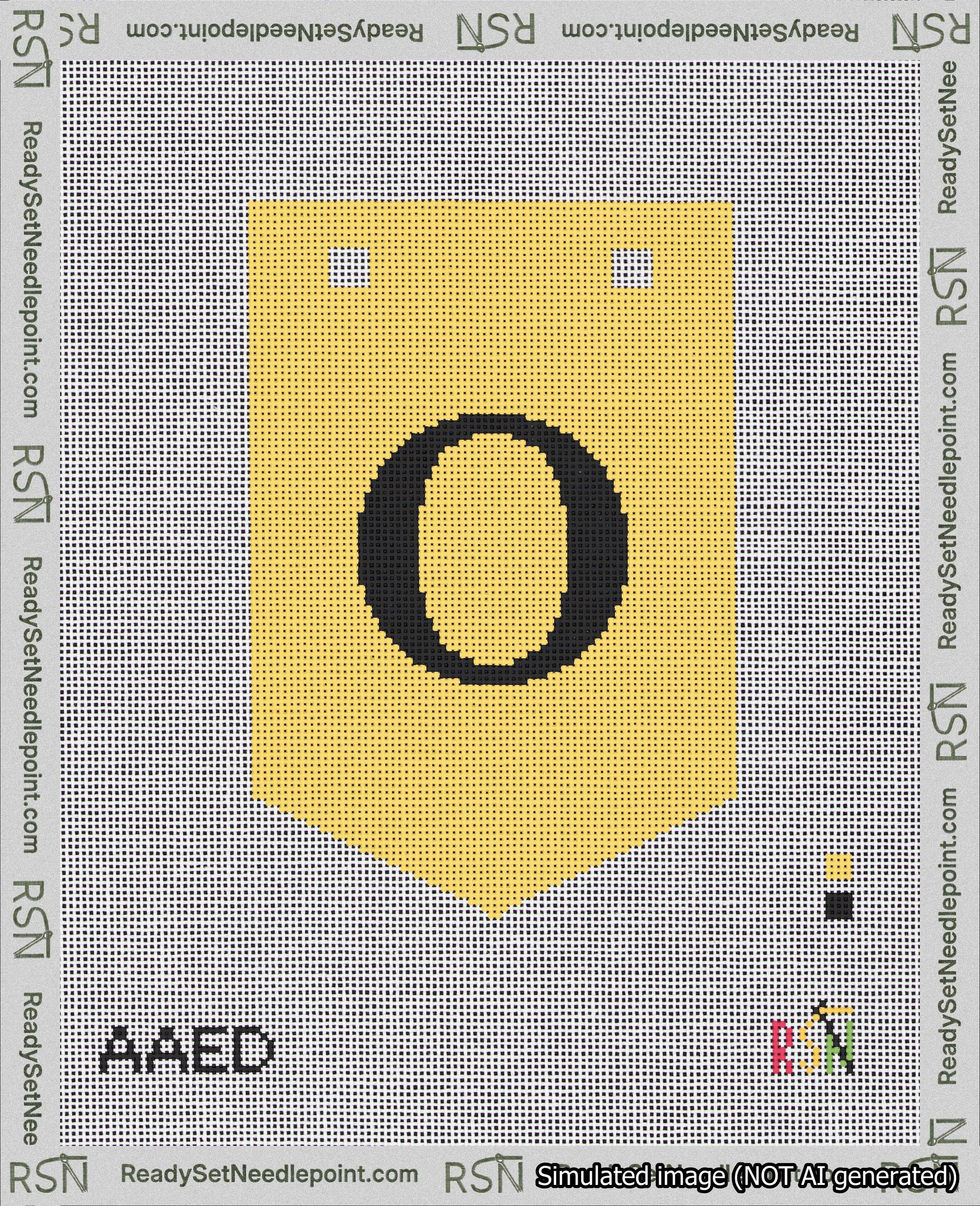 A taped needlepoint canvas with the design: Banner 18 mesh count Pointed O Black on Yellow.