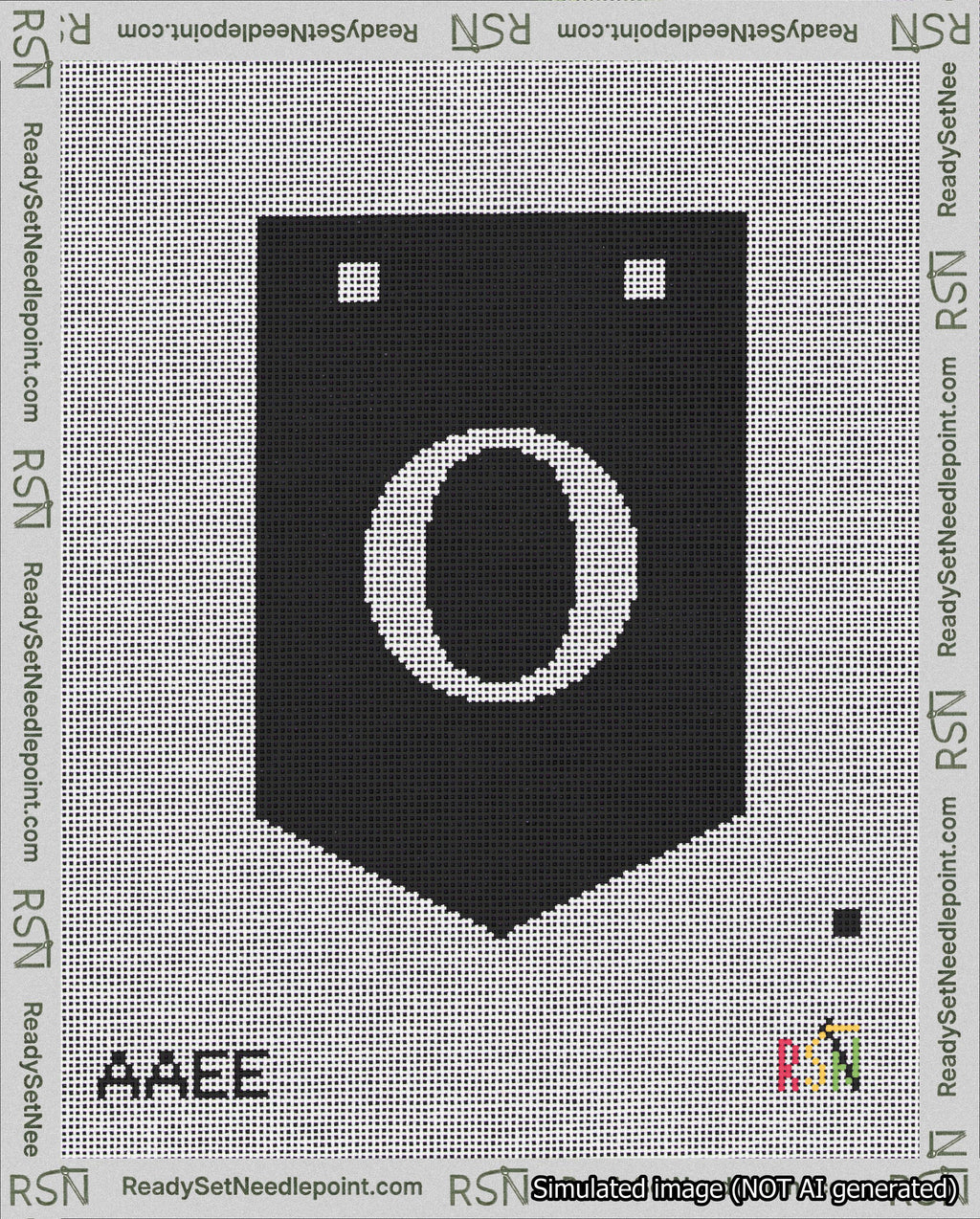 A taped needlepoint canvas with the design: Banner 18 mesh count Pointed O White on Black.