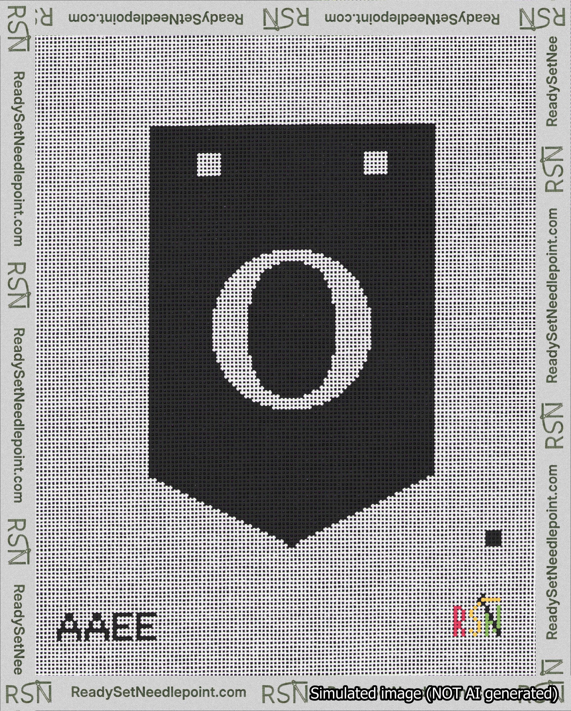 A taped needlepoint canvas with the design: Banner 18 mesh count Pointed O White on Black.