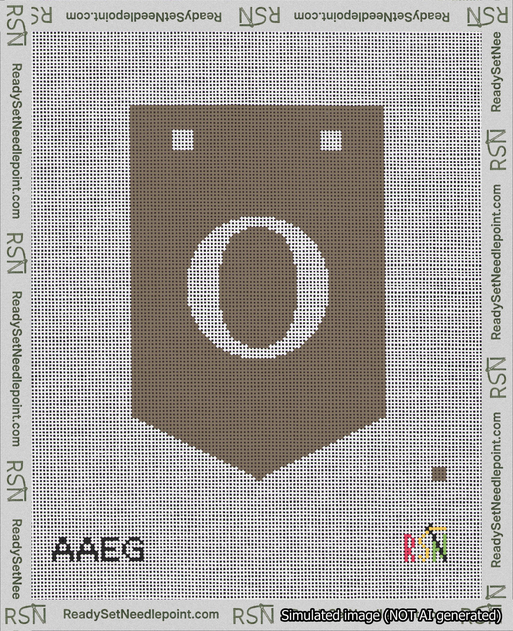 A taped needlepoint canvas with the design: Banner 18 mesh count Pointed O White on Brown.