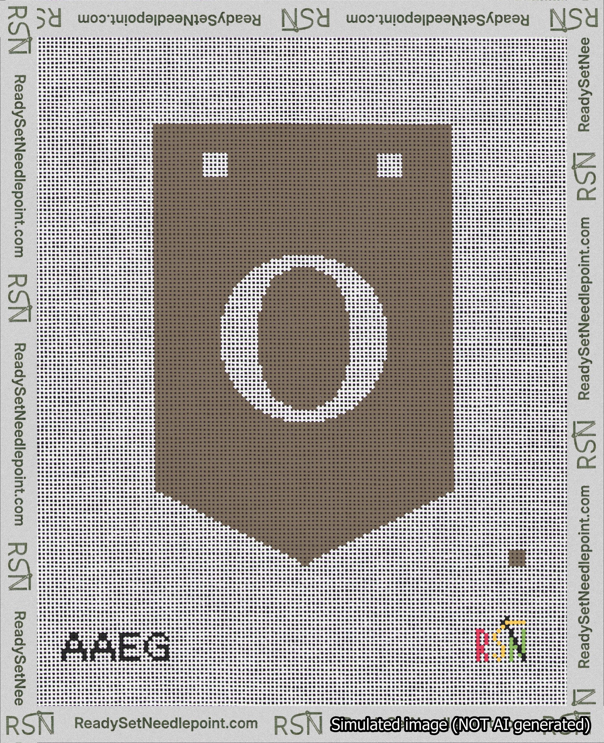 A taped needlepoint canvas with the design: Banner 18 mesh count Pointed O White on Brown.