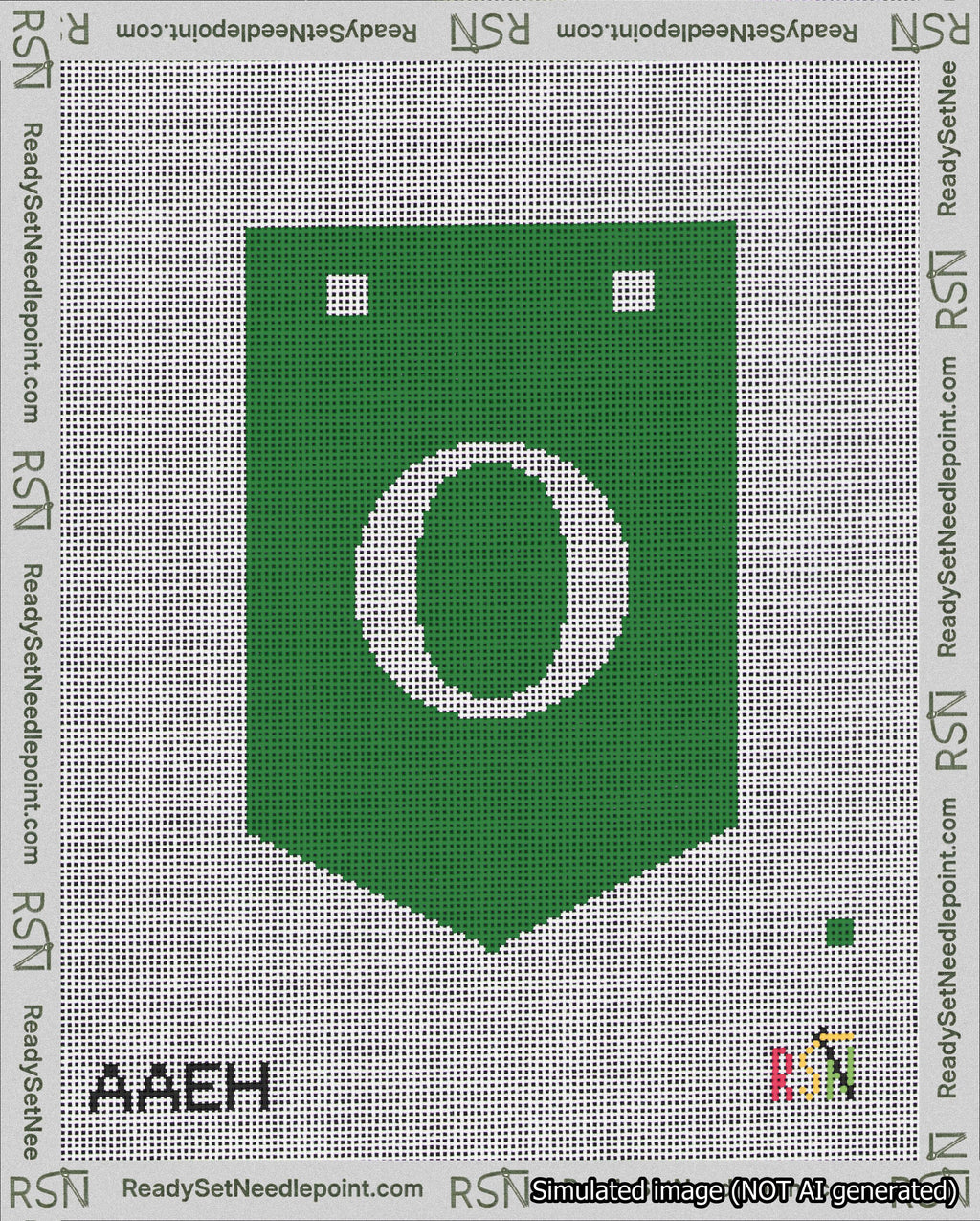 A taped needlepoint canvas with the design: Banner 18 mesh count Pointed O White on Green.