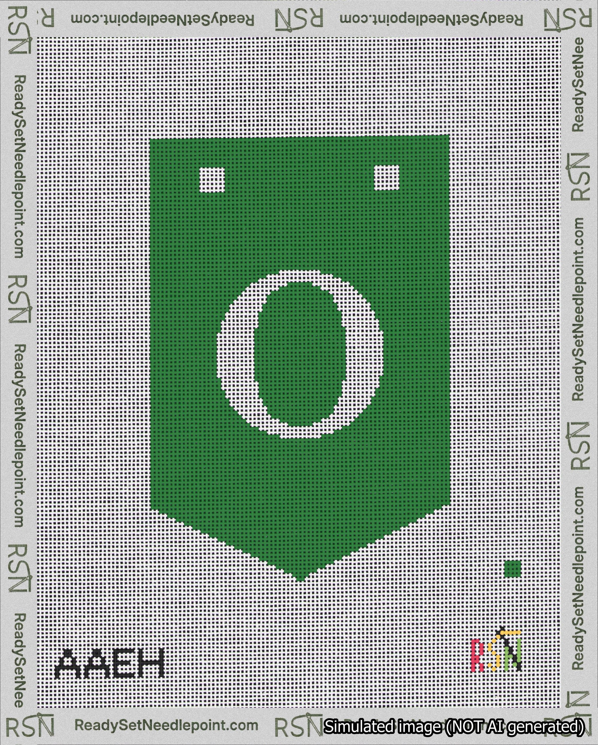 A taped needlepoint canvas with the design: Banner 18 mesh count Pointed O White on Green.