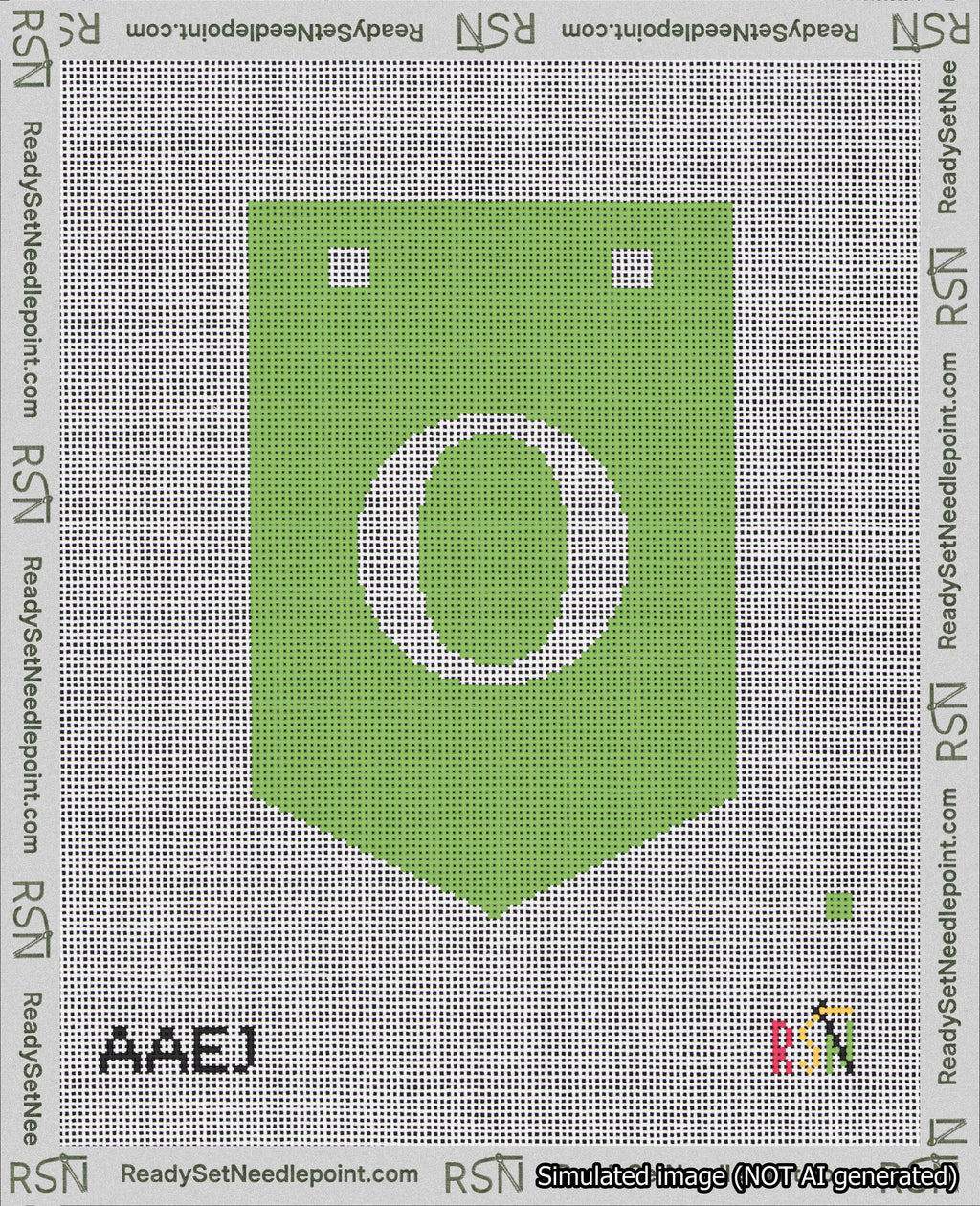 A taped needlepoint canvas with the design: Banner 18 mesh count Pointed O White on Light Green.