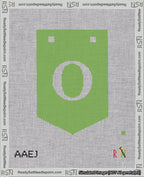 A taped needlepoint canvas with the design: Banner 18 mesh count Pointed O White on Light Green.