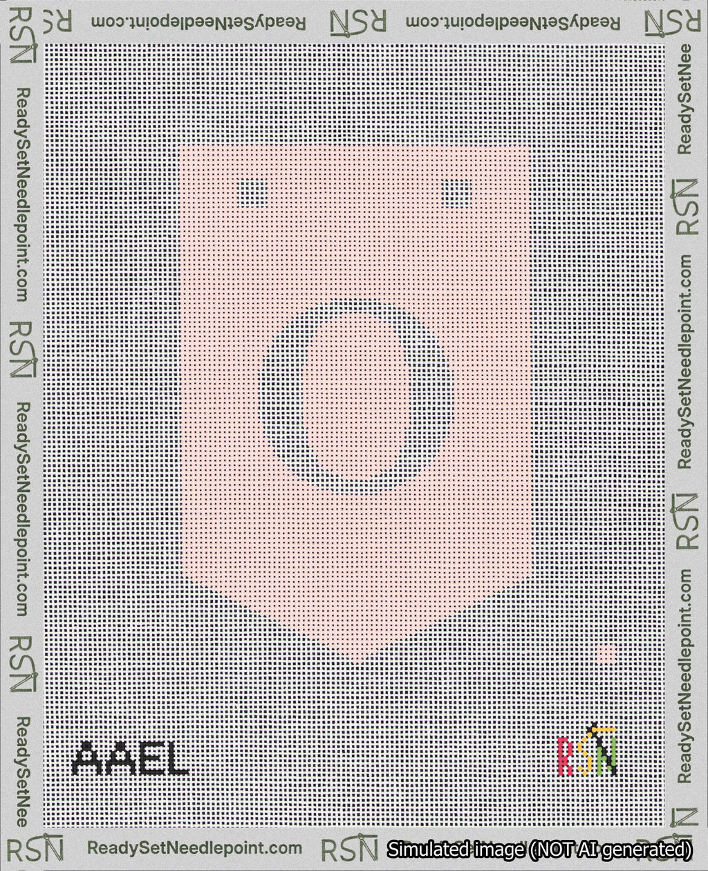 A taped needlepoint canvas with the design: Banner 18 mesh count Pointed O White on Pink.