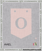 A taped needlepoint canvas with the design: Banner 18 mesh count Pointed O White on Pink.